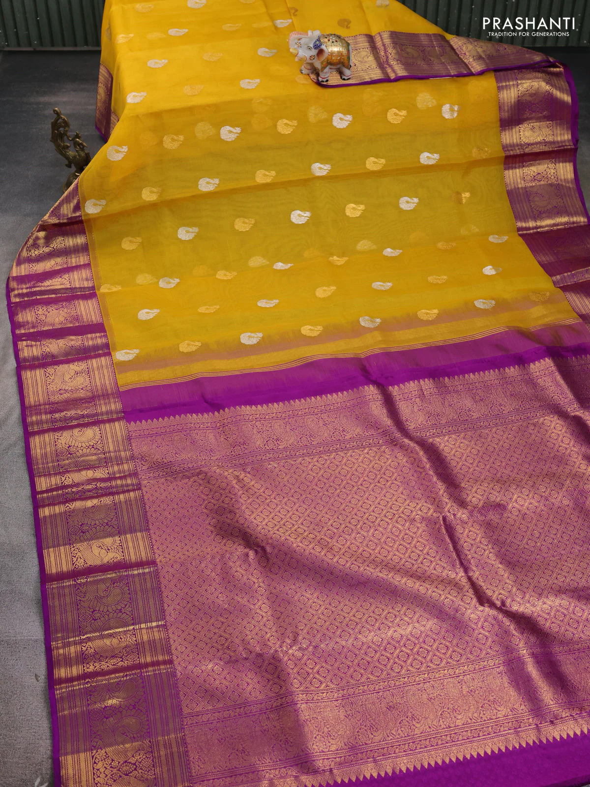 Kora kanchipuram silk saree yellow and purple with annam zari woven buttas and zari woven korvai border - Image 2