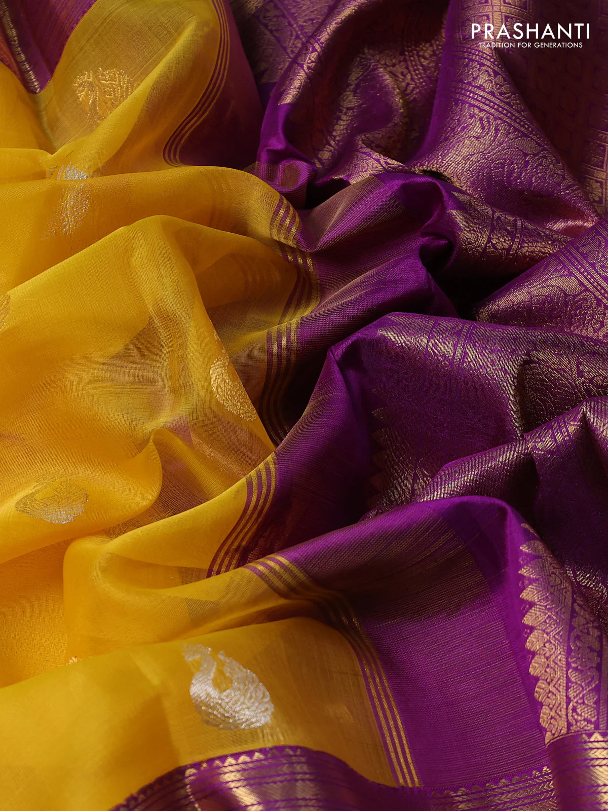 Kora kanchipuram silk saree yellow and purple with annam zari woven buttas and zari woven korvai border - Image 3