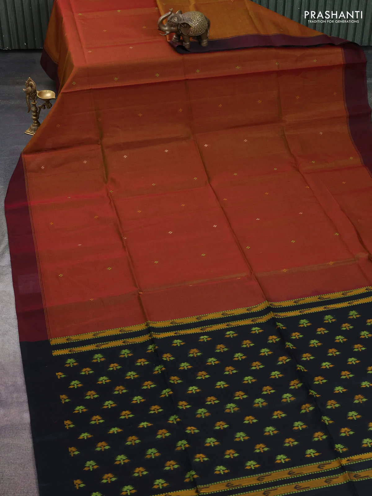Kora silk cotton saree dual shade of dark mustard and maroon black with thread woven buttas and simple border - Image 2