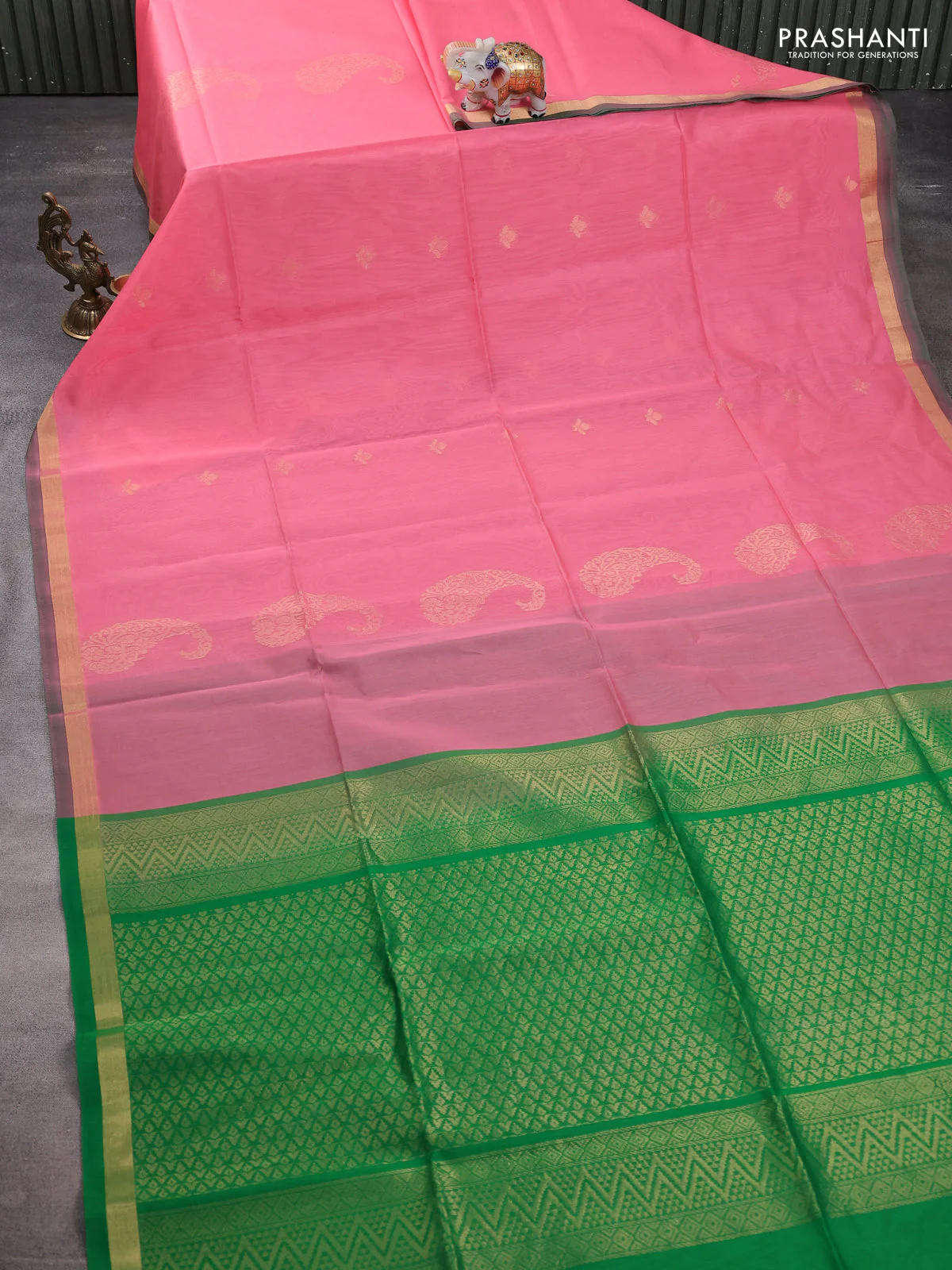 Kora silk cotton saree peach pink and green with silver & gold zari woven buttas and zari woven border - Image 2