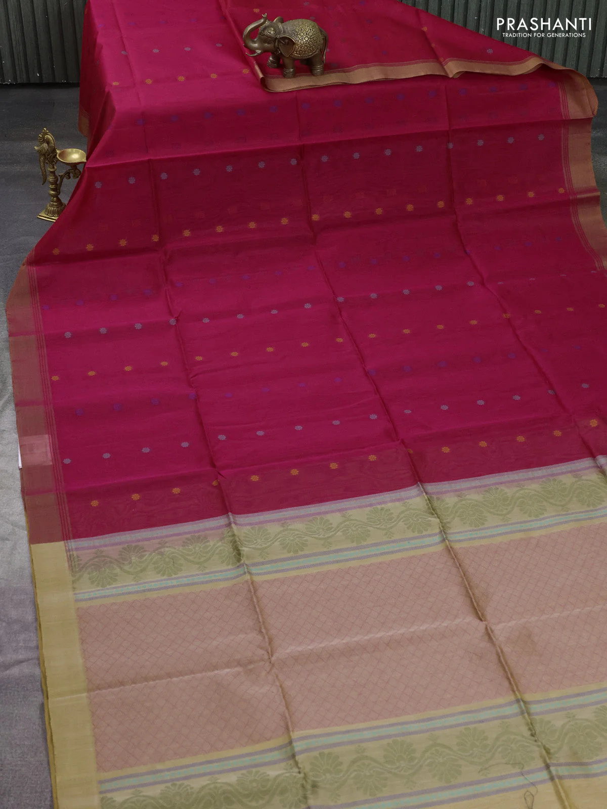 Kora silk cotton saree pink and sandal with thread woven buttas and simple border - Image 2