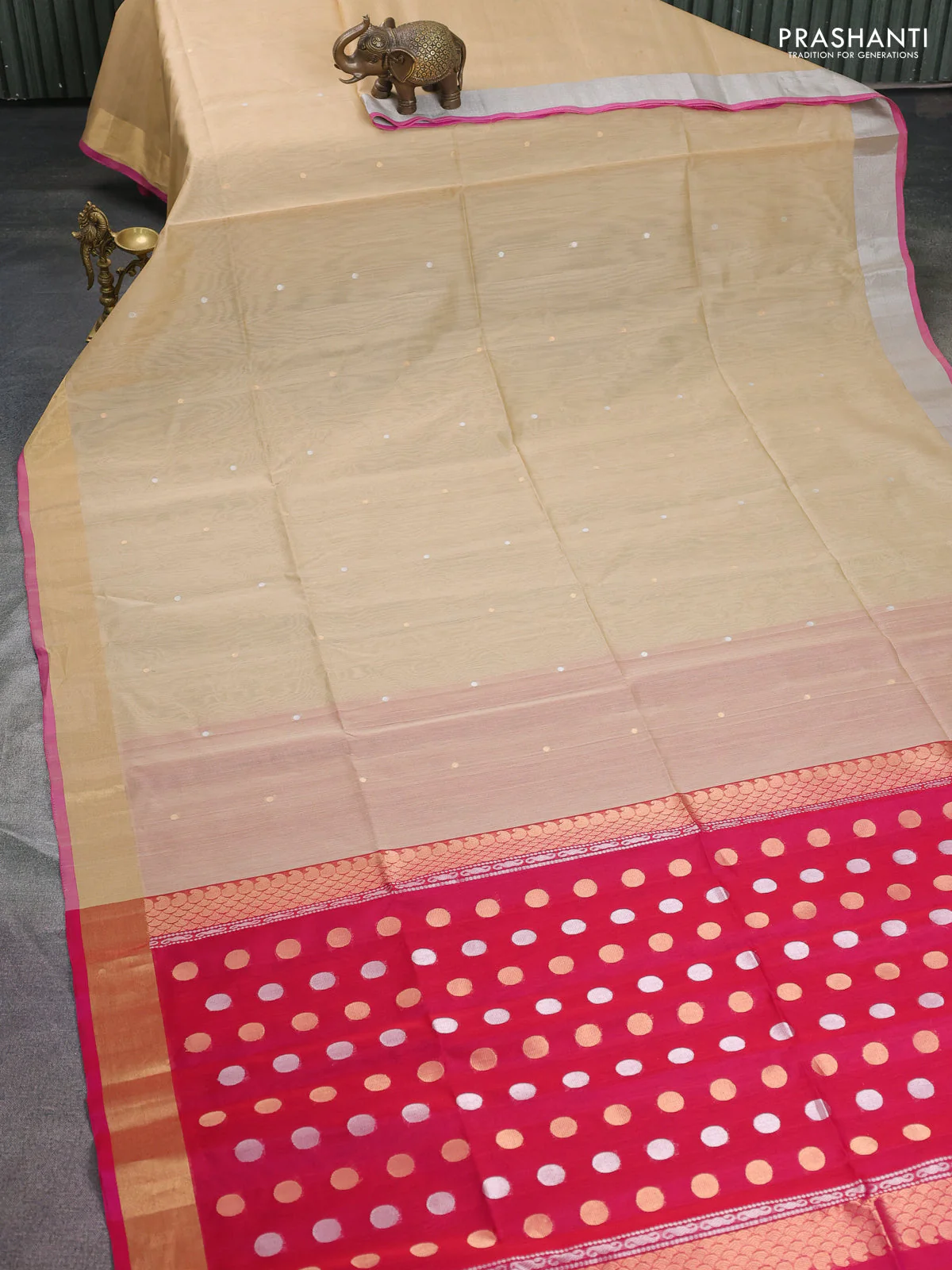 Kora silk cotton saree sandal and pink with silver & gold zari woven buttas and zari woven border - Image 2