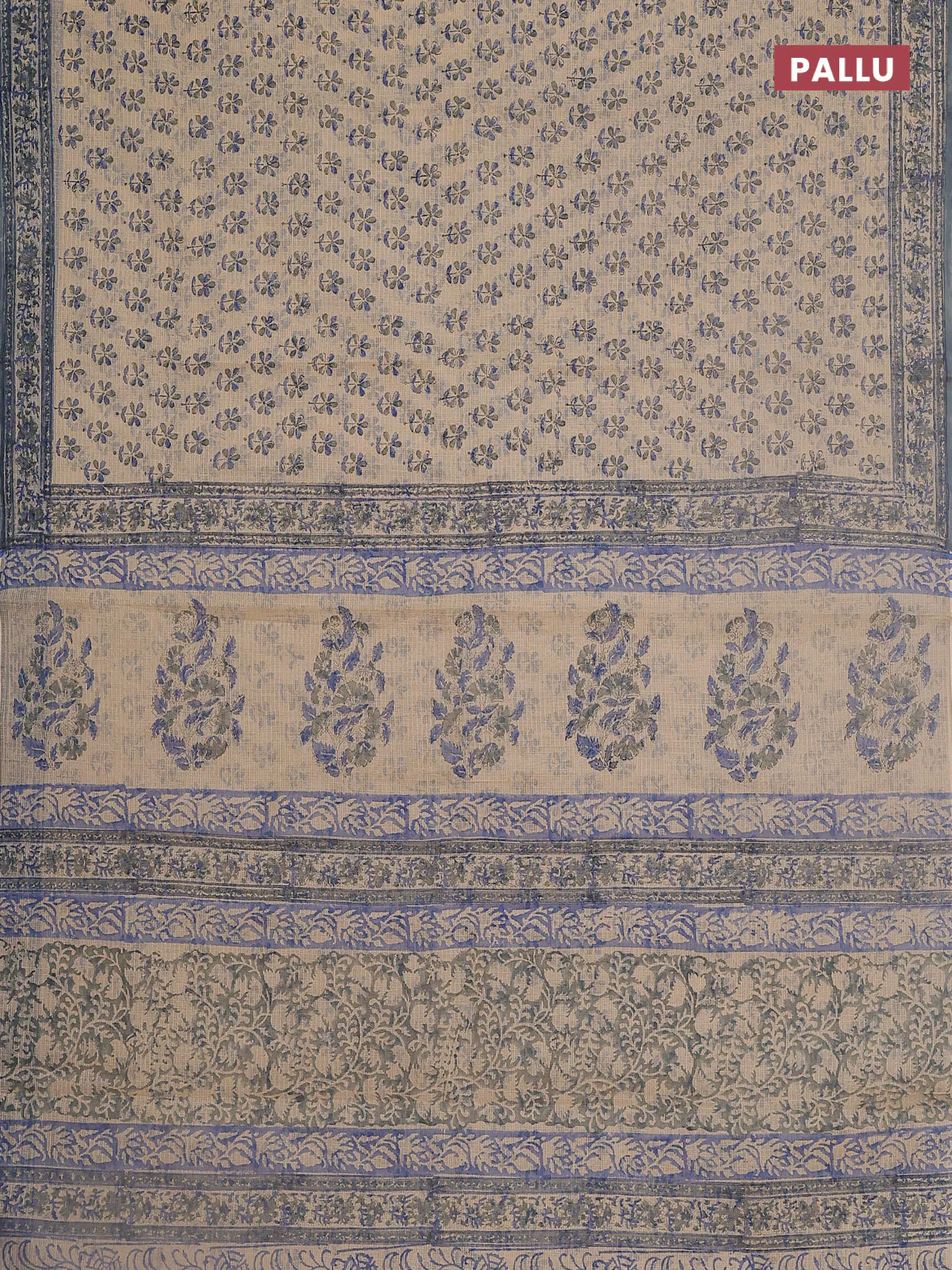 Kota doria saree beige and bluish grey with allover block prints and printed border - Image 3