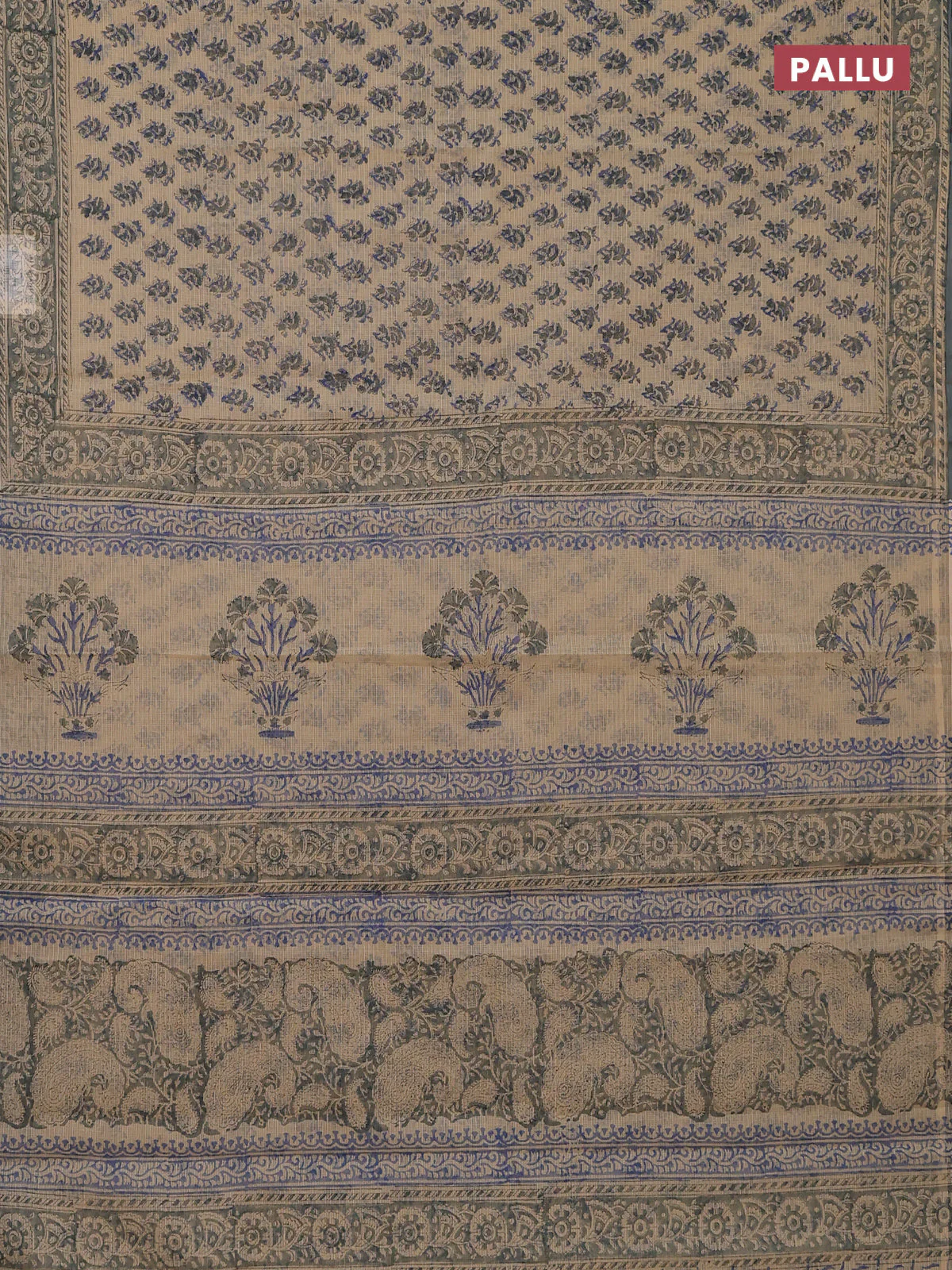 Kota doria saree beige and grey with allover block prints and printed border - Image 3