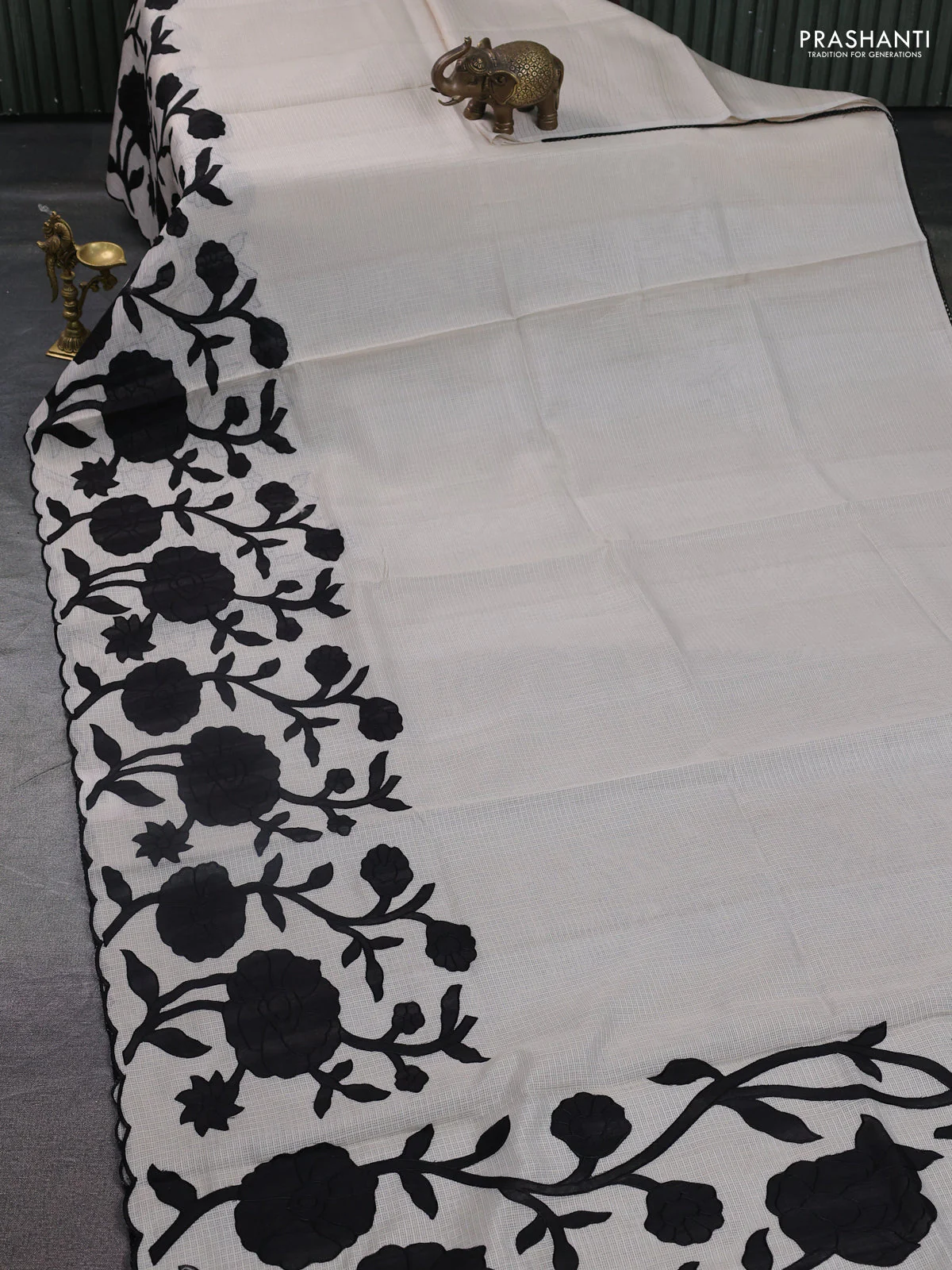 Kota saree beige and black with floral applique work - Image 2