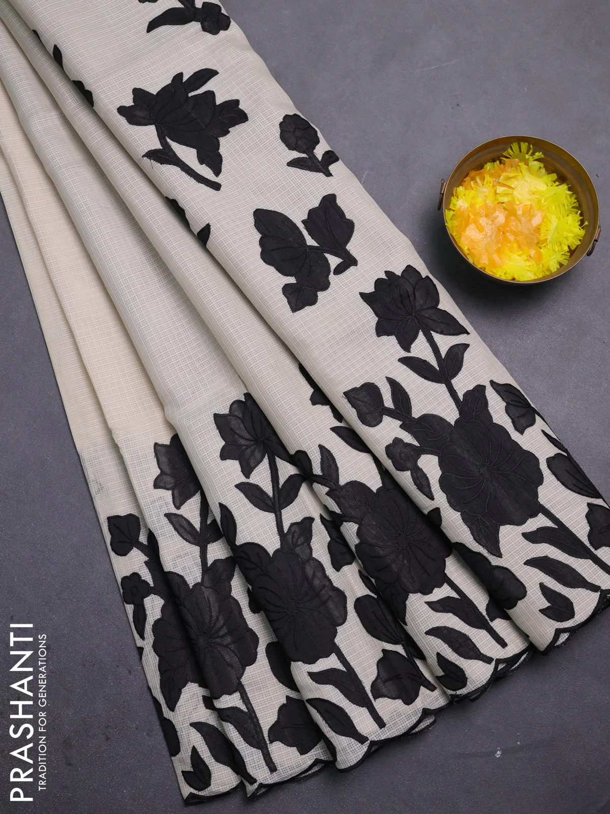 Kota saree beige and black with floral applique work