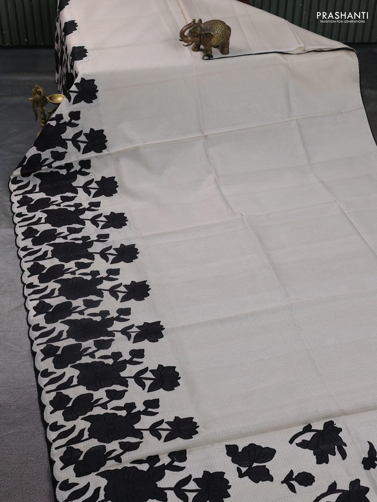 Kota saree beige and black with floral applique work - Image 2