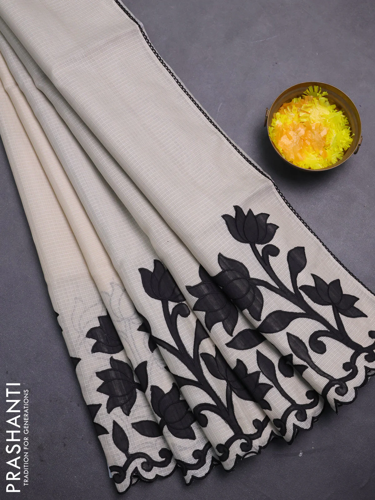 Kota saree beige and black with kalamkari applique work