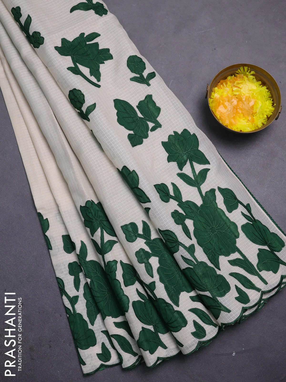 Kota saree beige and green with floral applique work