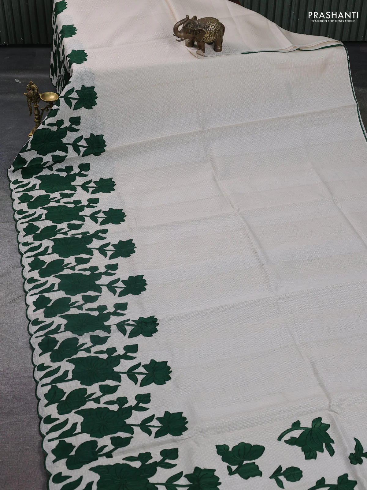 Kota saree beige and green with floral applique work - Image 2