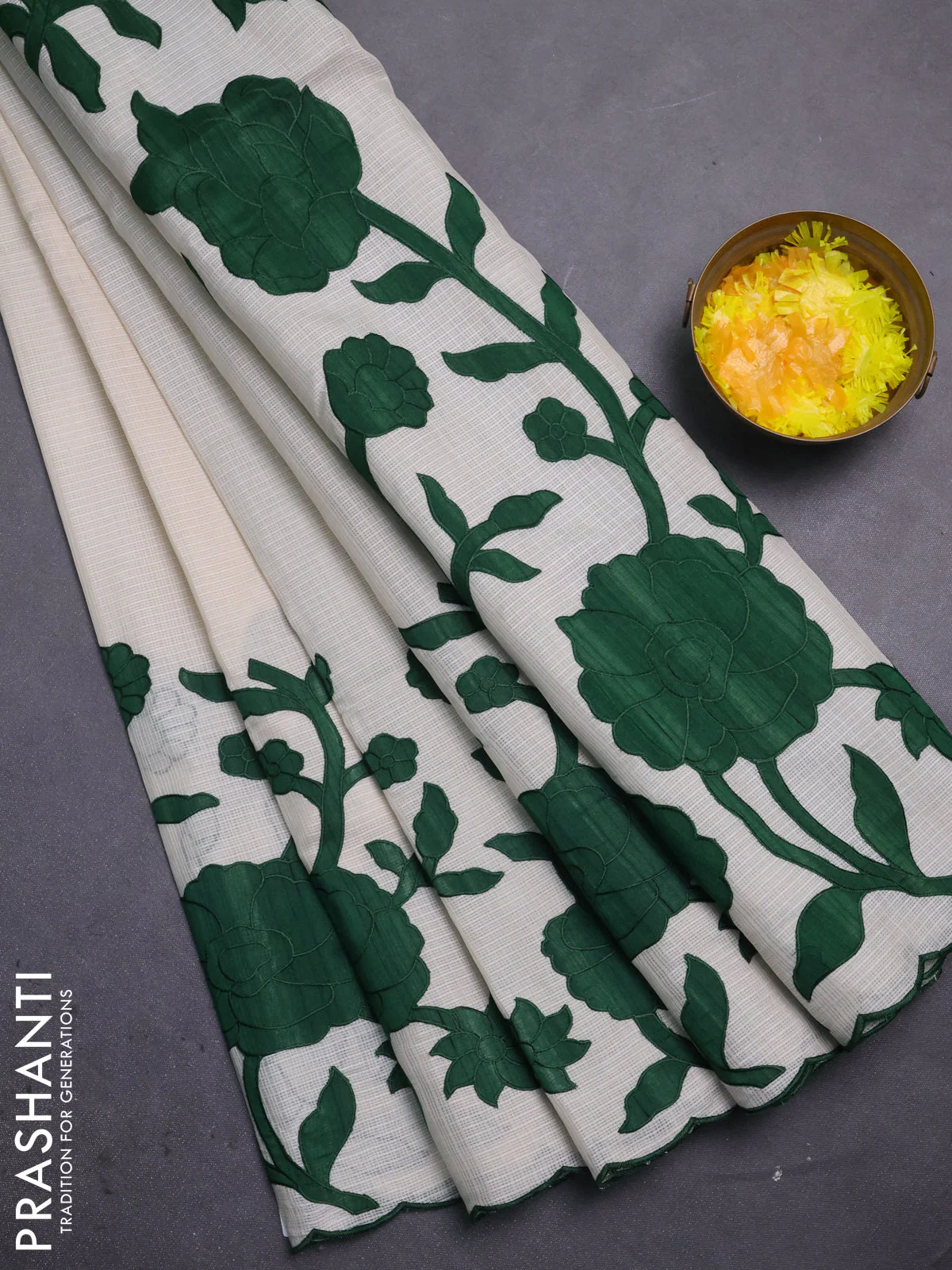 Kota saree beige and green with floral applique work Return 6 sarees