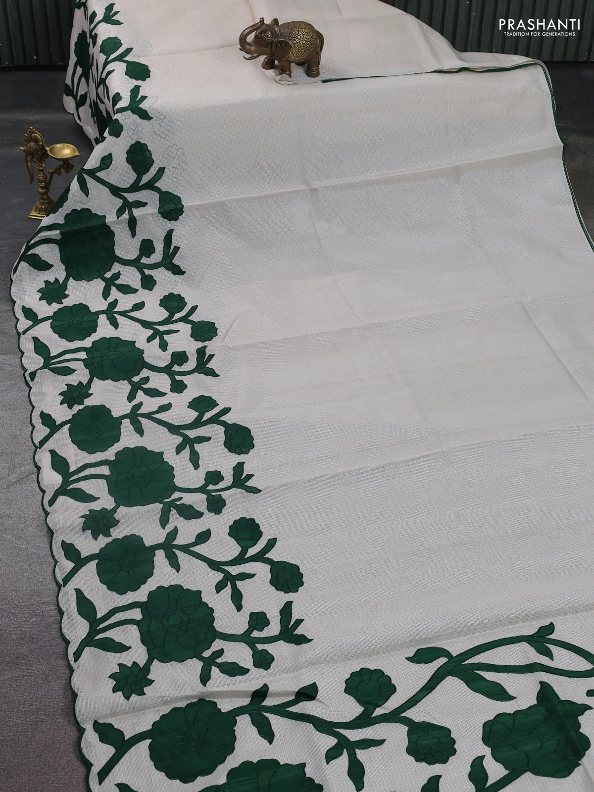 Kota saree beige and green with floral applique work Return 6 sarees - Image 2