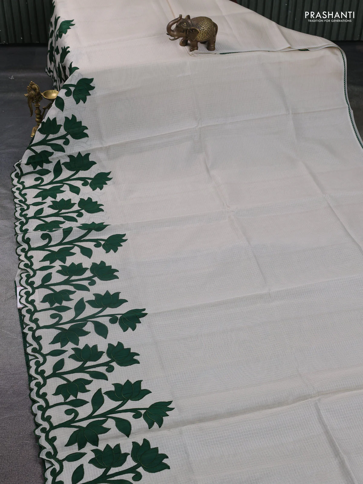 Kota saree beige and green with kalamkari applique work - Image 2