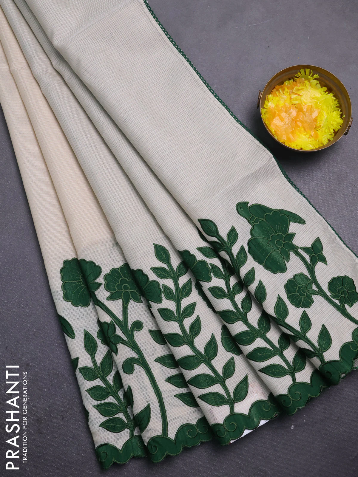 Kota saree beige and green with kalamkari applique work