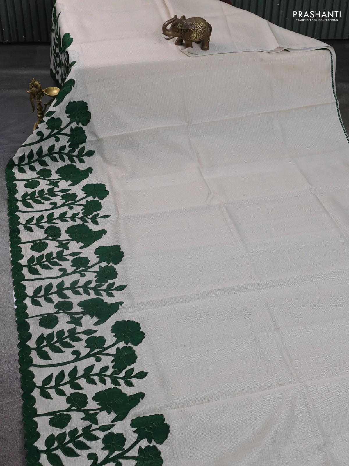 Kota saree beige and green with kalamkari applique work - Image 2