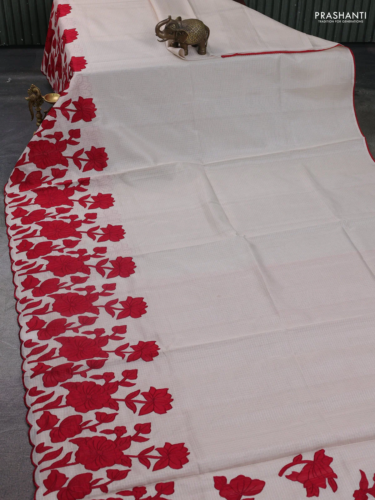 Kota saree beige and maroon with floral applique work - Image 2
