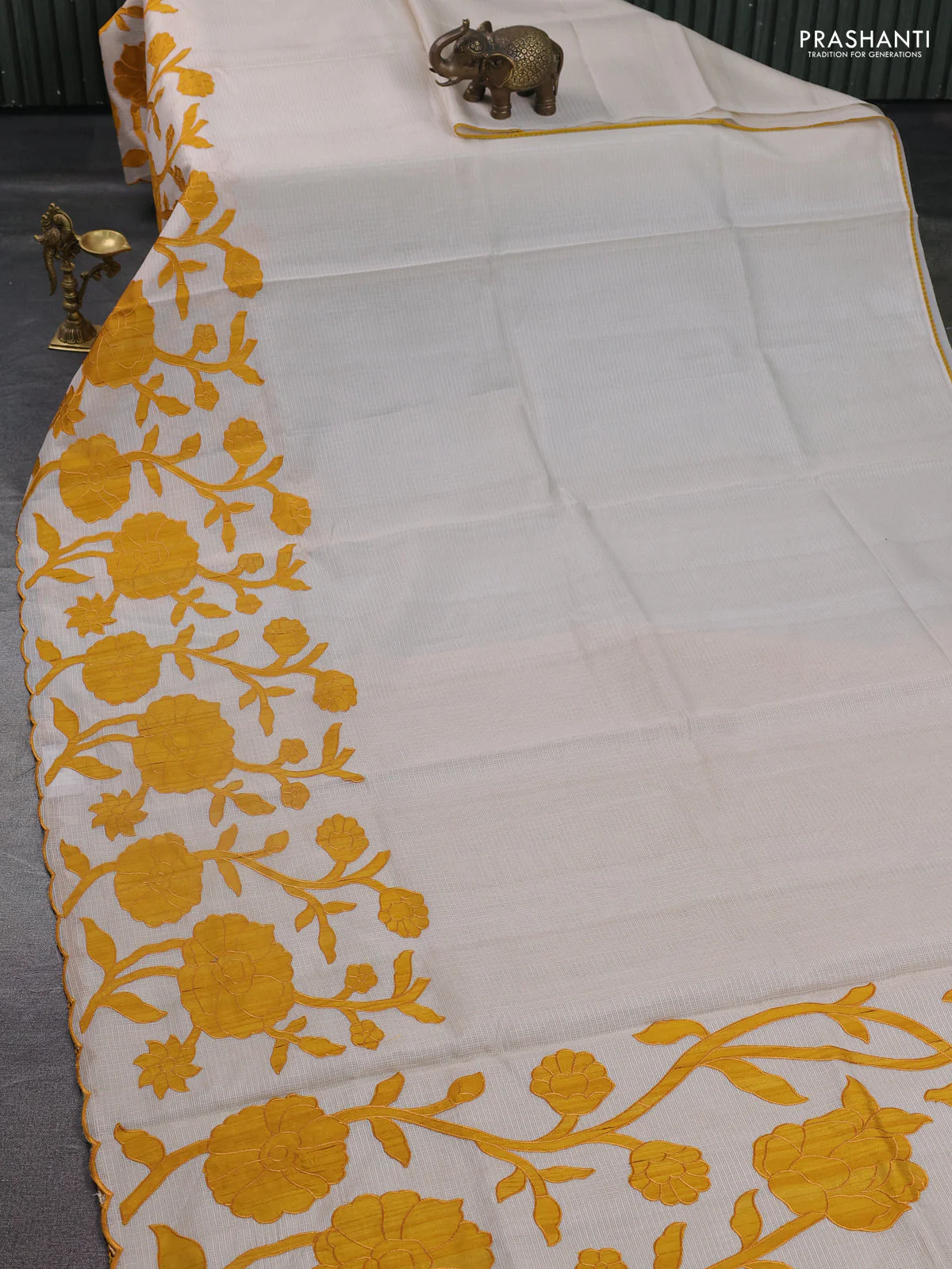 Kota saree beige and mustard yellow with floral applique work - Image 2