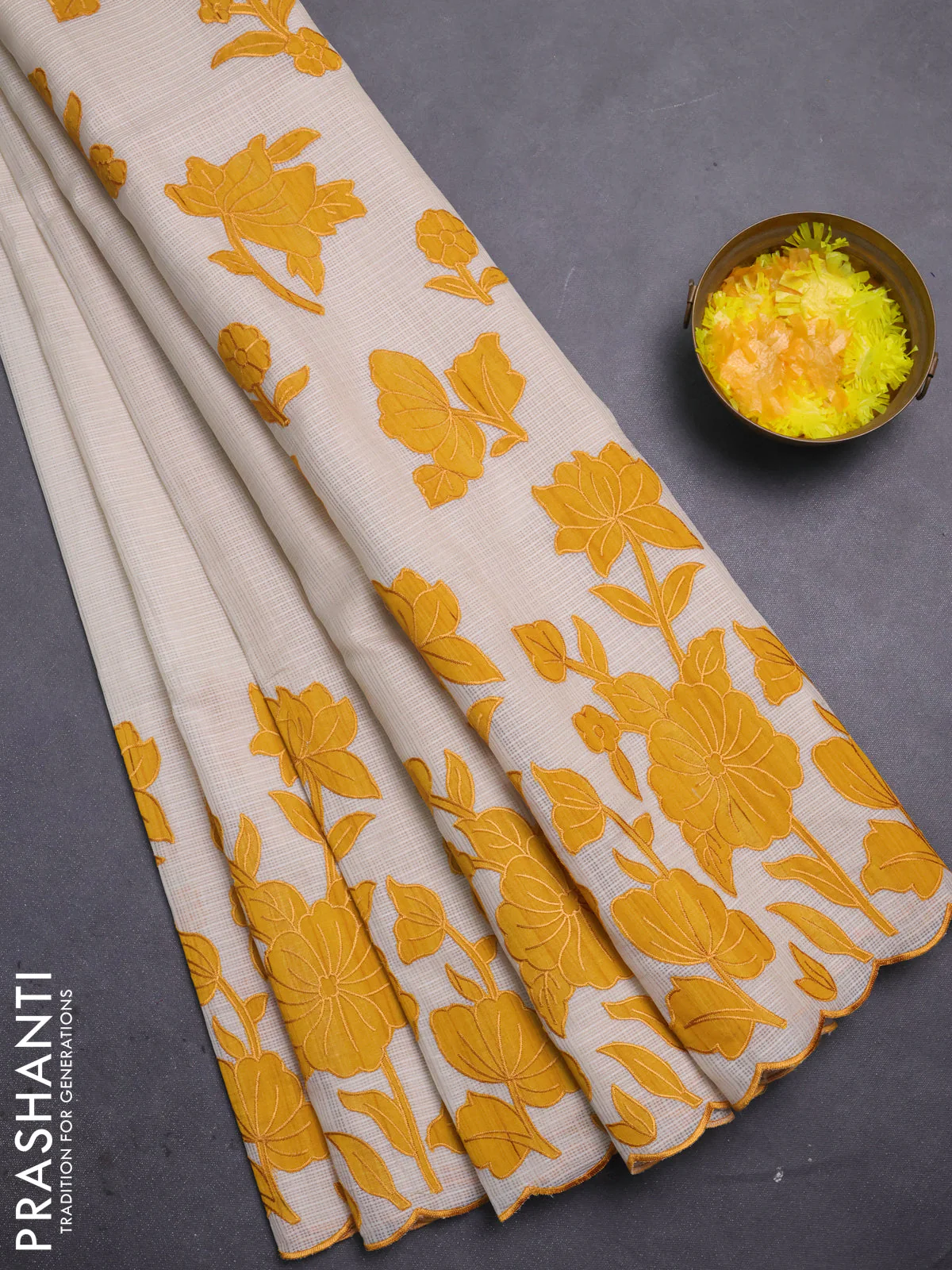 Kota saree beige and mustard yellow with floral applique work