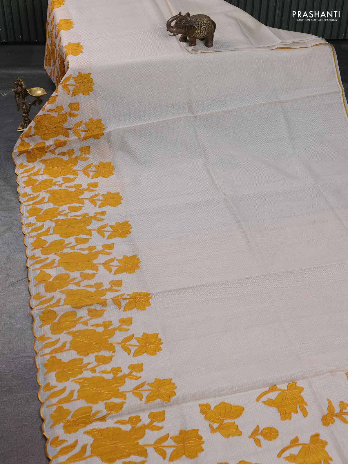 Kota saree beige and mustard yellow with floral applique work - Image 2