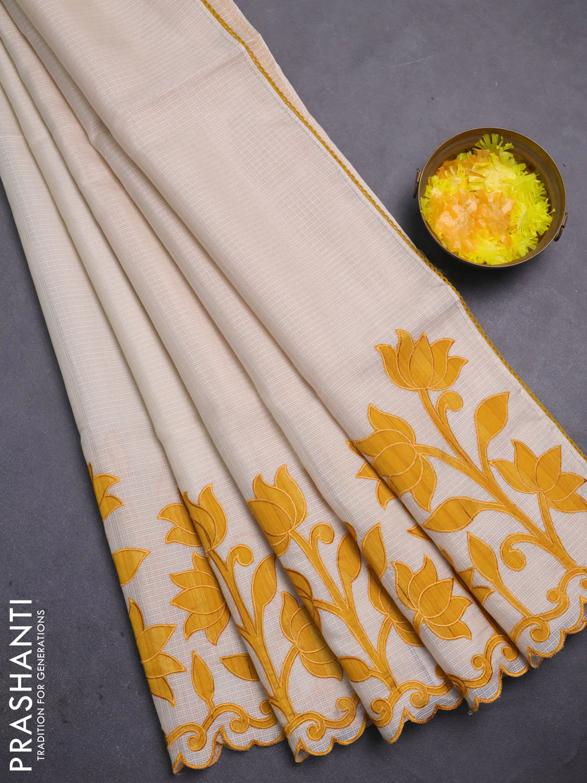 Kota saree beige and mustard yellow with kalamkari applique work