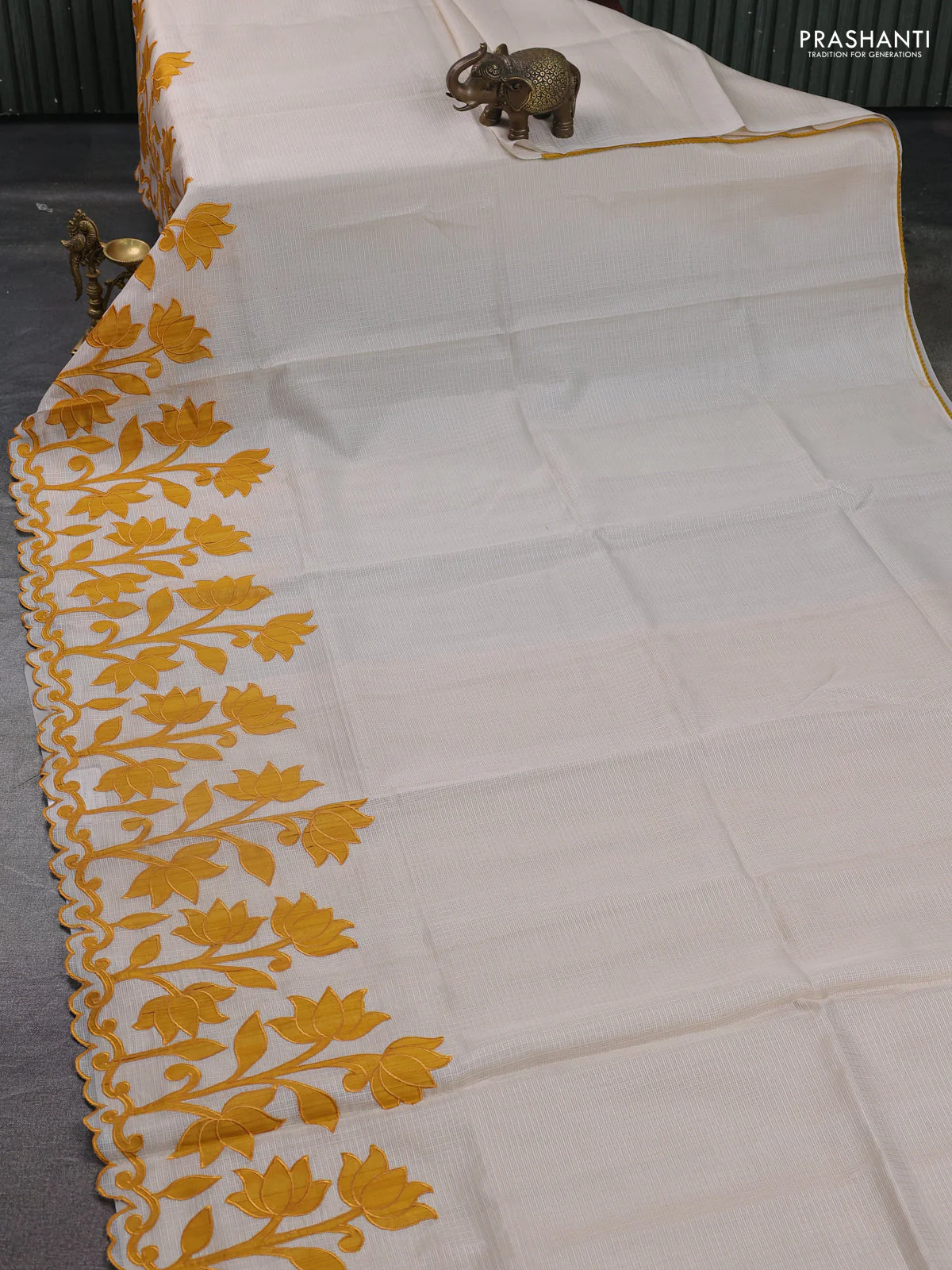 Kota saree beige and mustard yellow with kalamkari applique work - Image 2