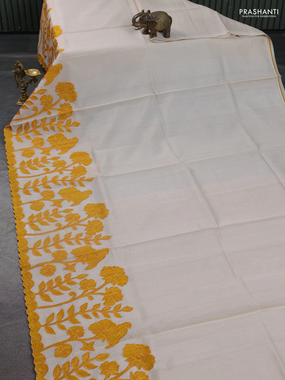 Kota saree beige and mustard yellow with kalamkari applique work - Image 2