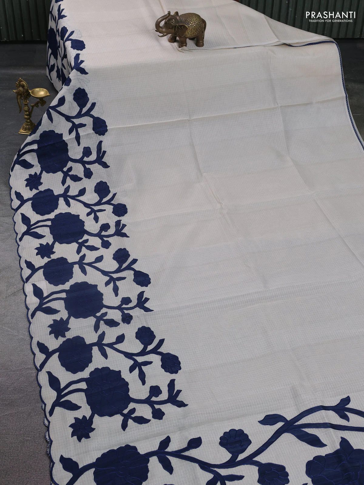 Kota saree beige and peacock blue with floral applique work - Image 2