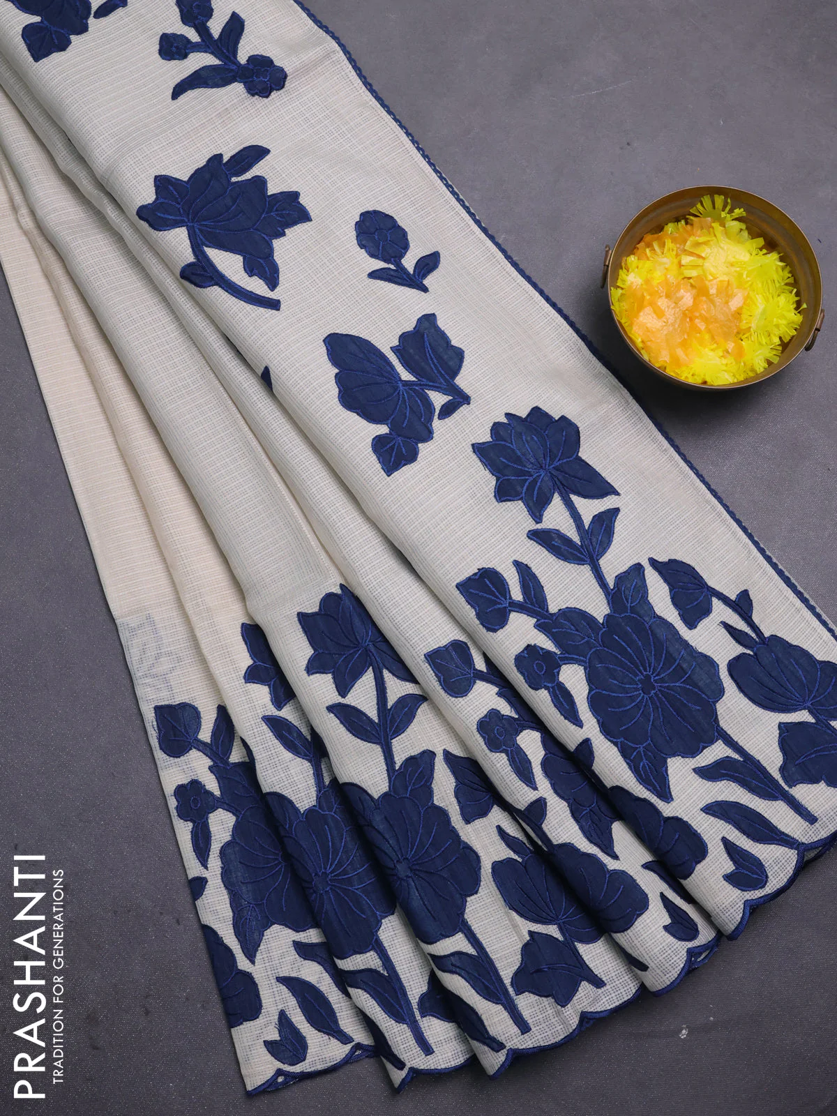 Kota saree beige and peacock blue with floral applique work