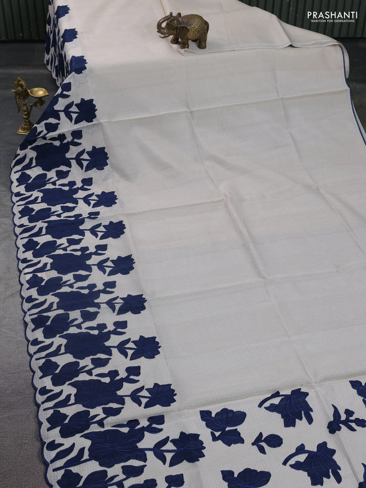 Kota saree beige and peacock blue with floral applique work - Image 2