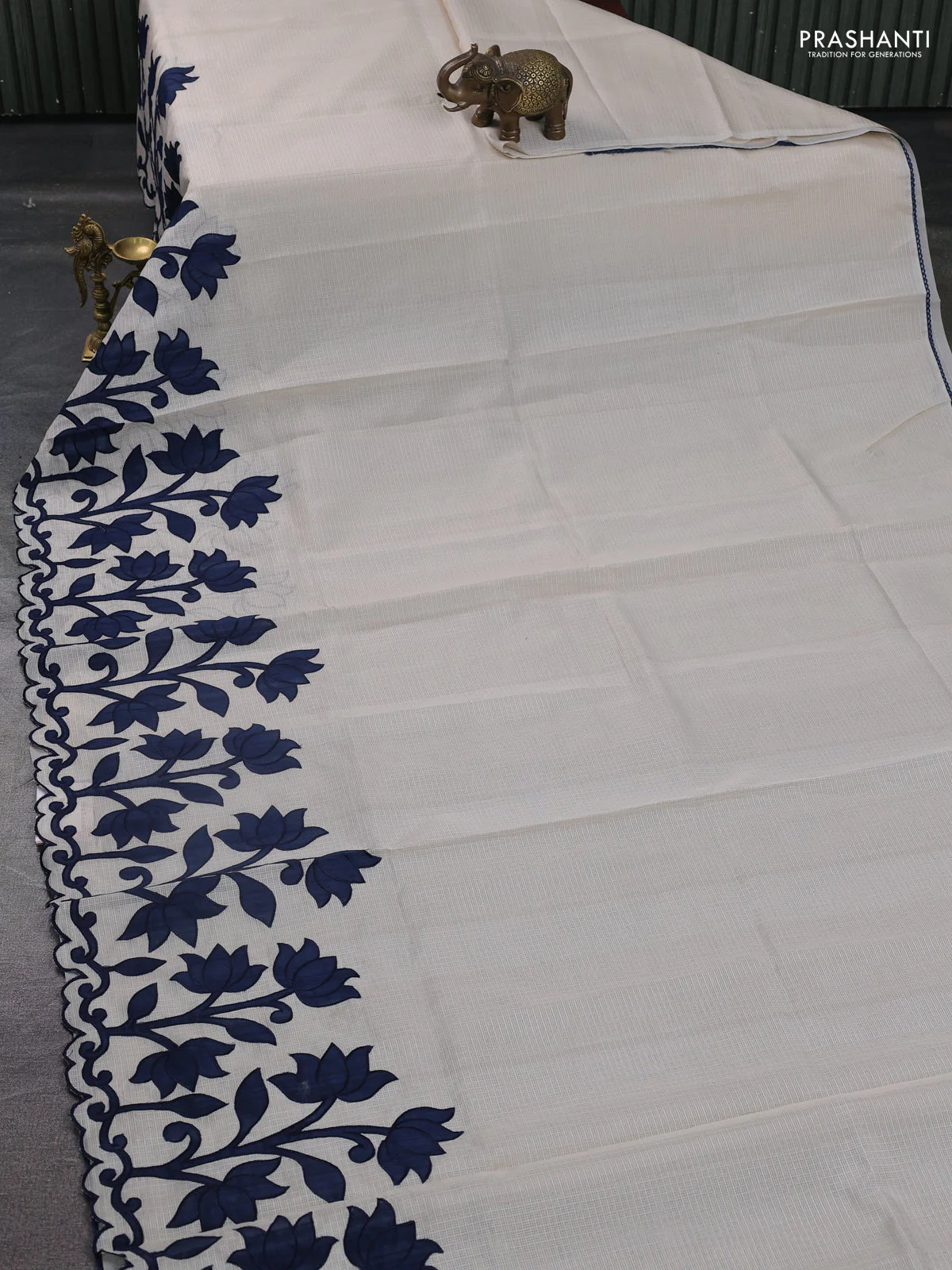 Kota saree beige and peacock blue with kalamkari applique work - Image 2