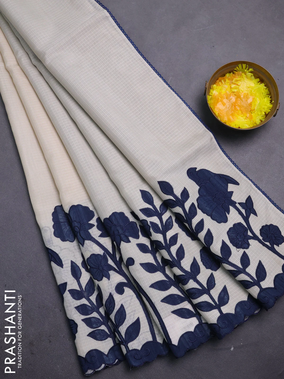 Kota saree beige and peacock blue with kalamkari applique work