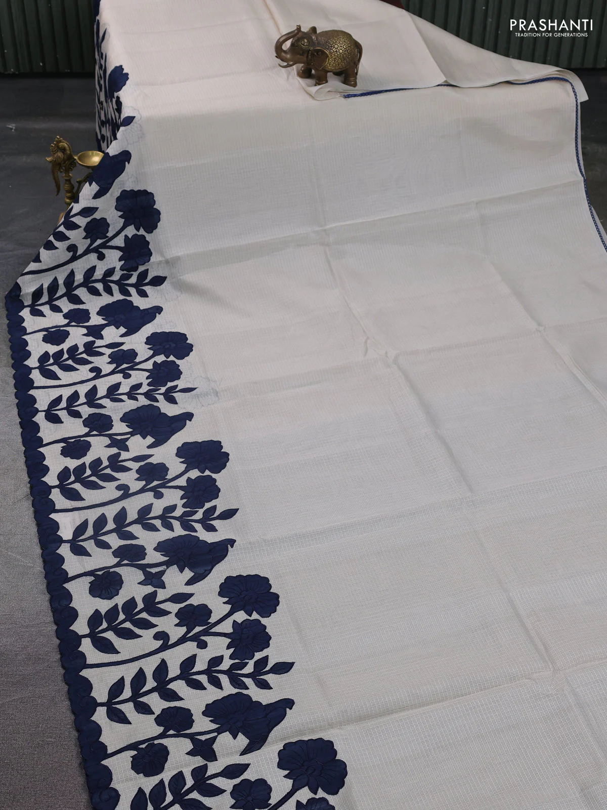 Kota saree beige and peacock blue with kalamkari applique work - Image 2
