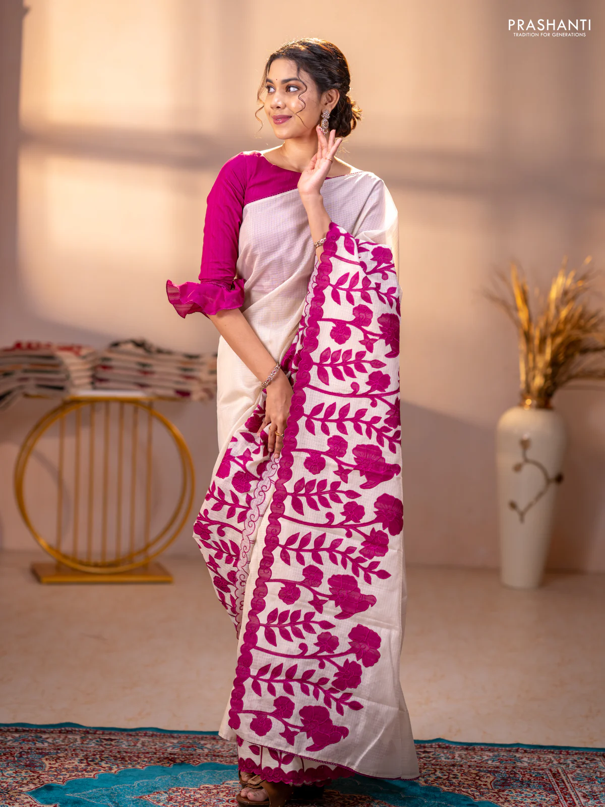 Kota saree beige and purple with floral applique work