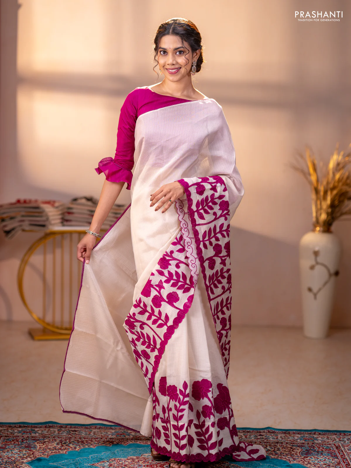 Kota saree beige and purple with floral applique work - Image 2