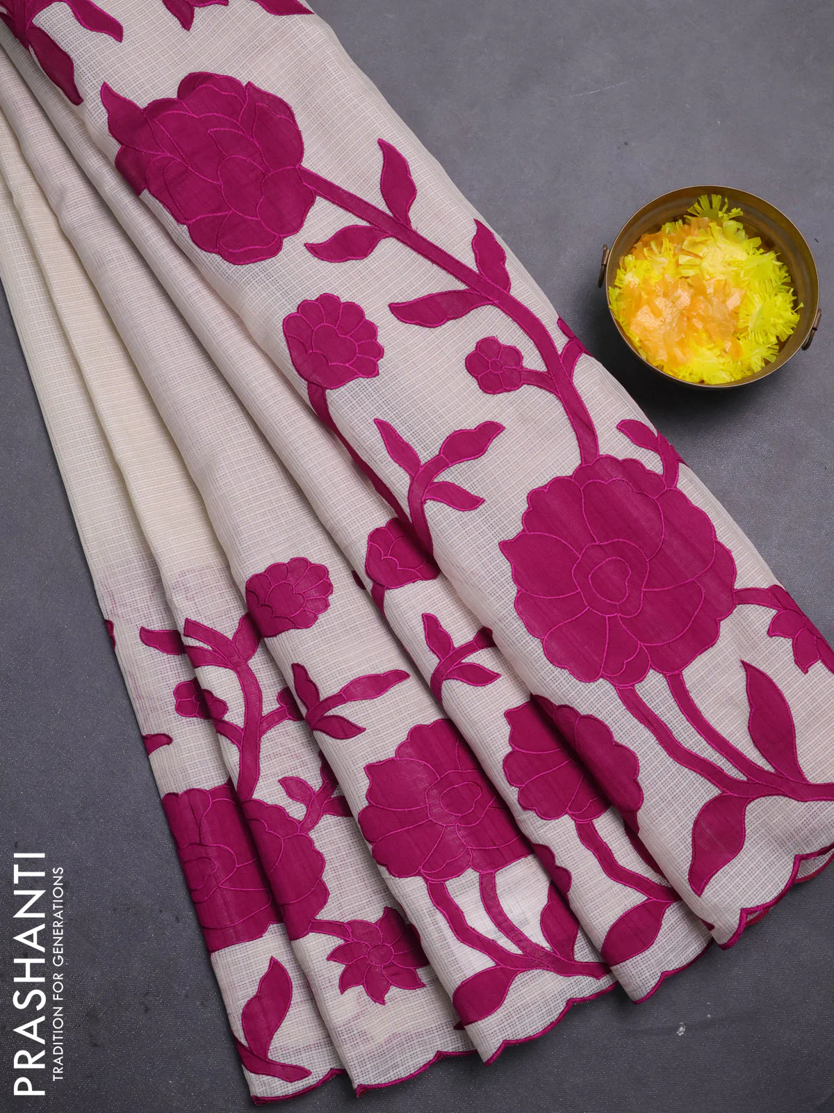 Kota saree beige and purple with floral applique work - Image 4