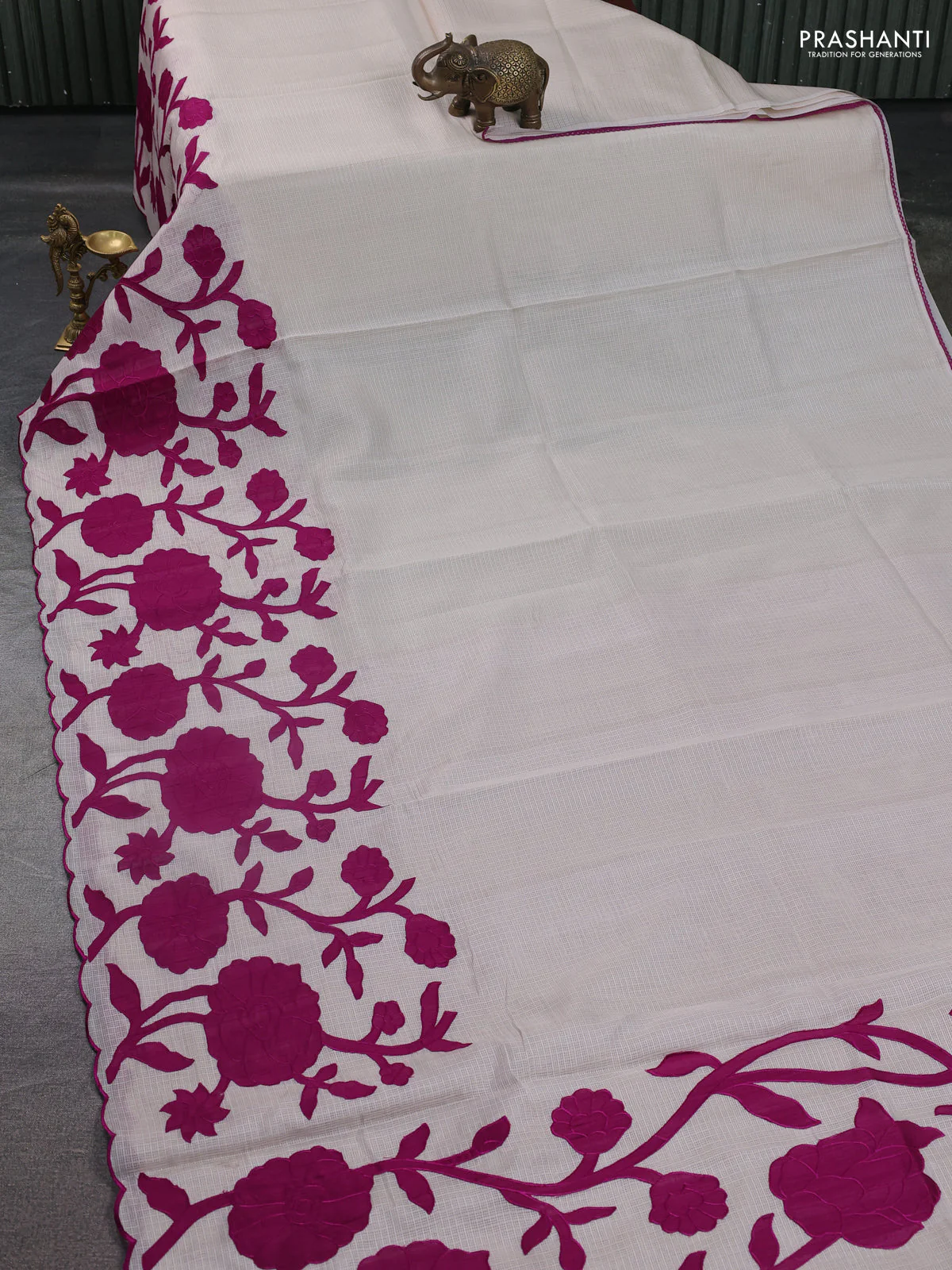 Kota saree beige and purple with floral applique work - Image 5