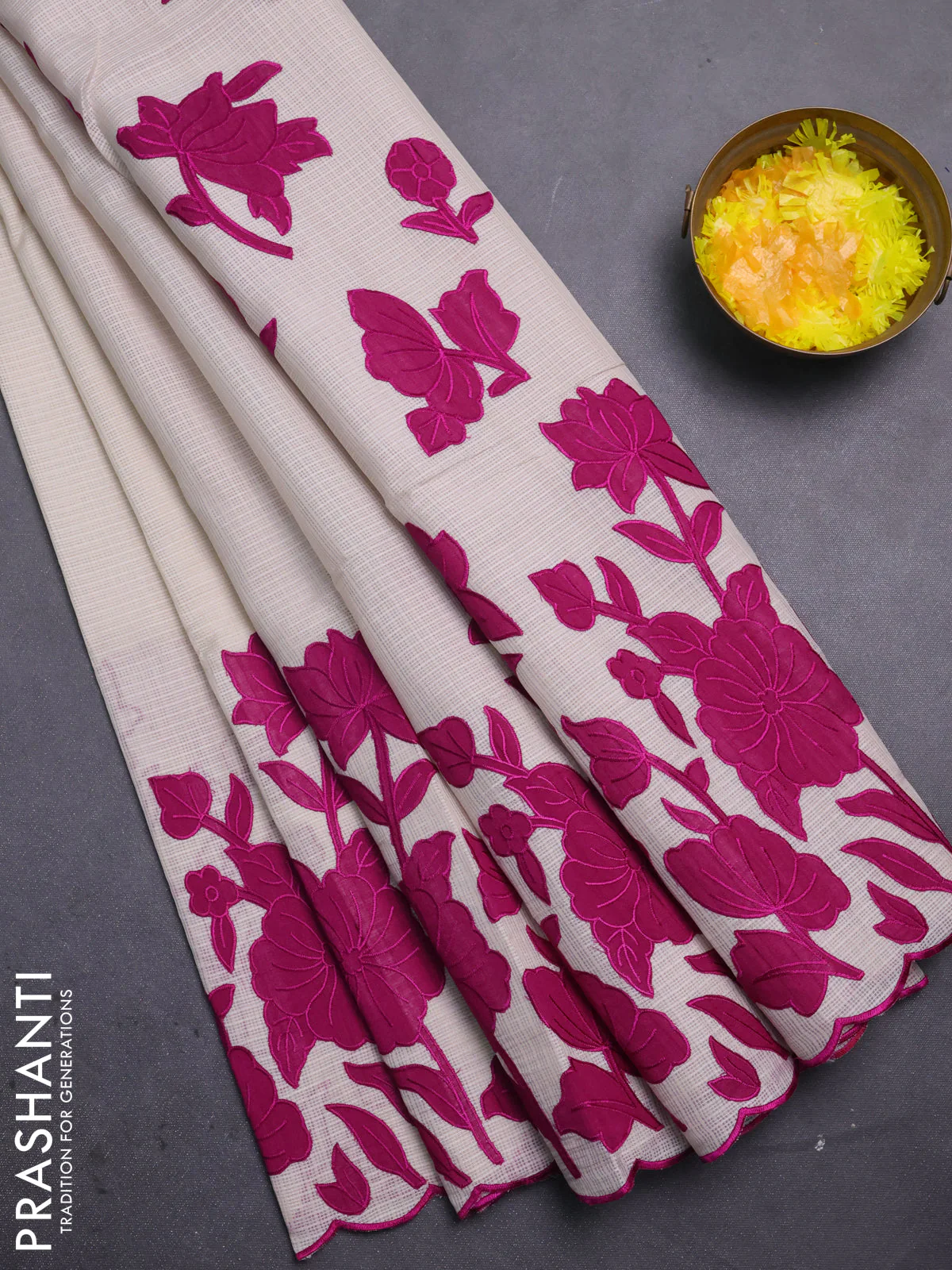 Kota saree beige and purple with floral applique work