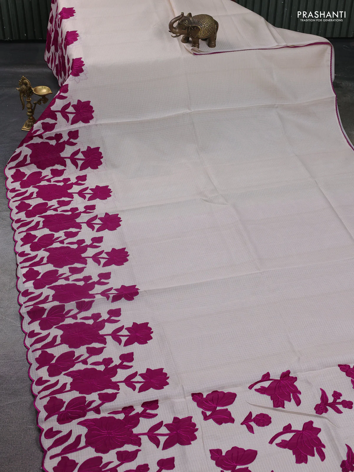 Kota saree beige and purple with floral applique work - Image 2