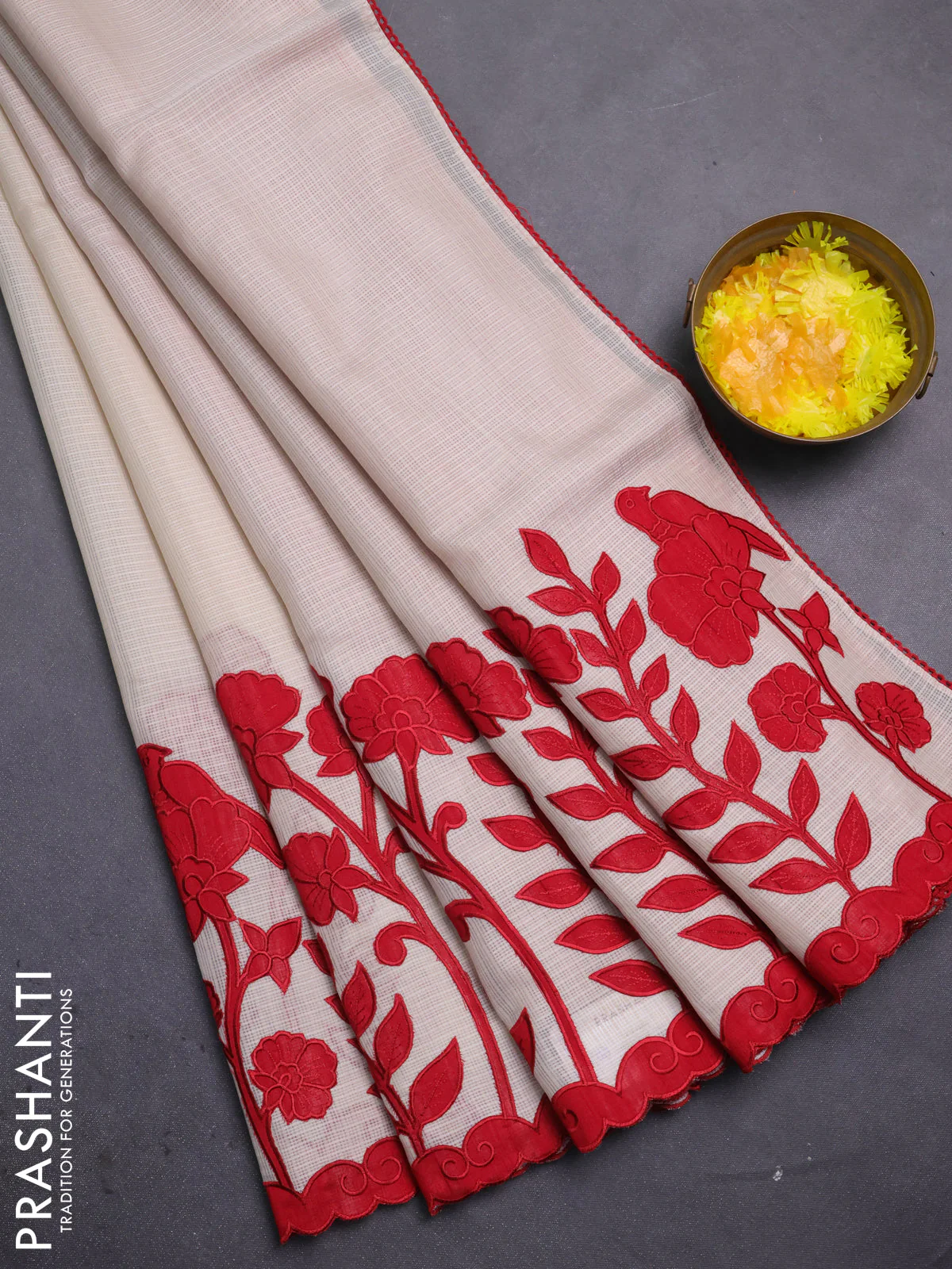 Kota saree beige and red with kalamkari applique work