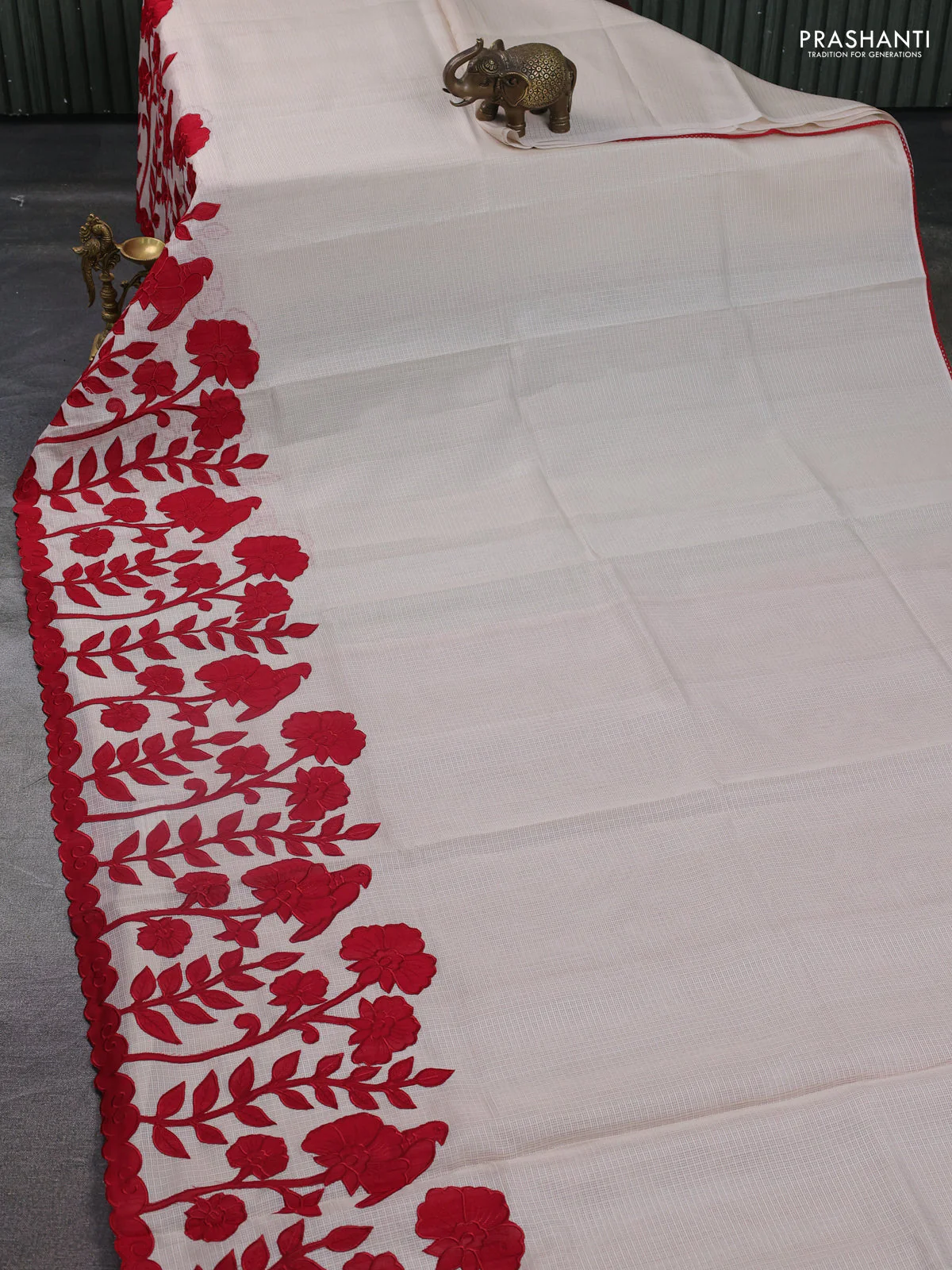 Kota saree beige and red with kalamkari applique work - Image 2