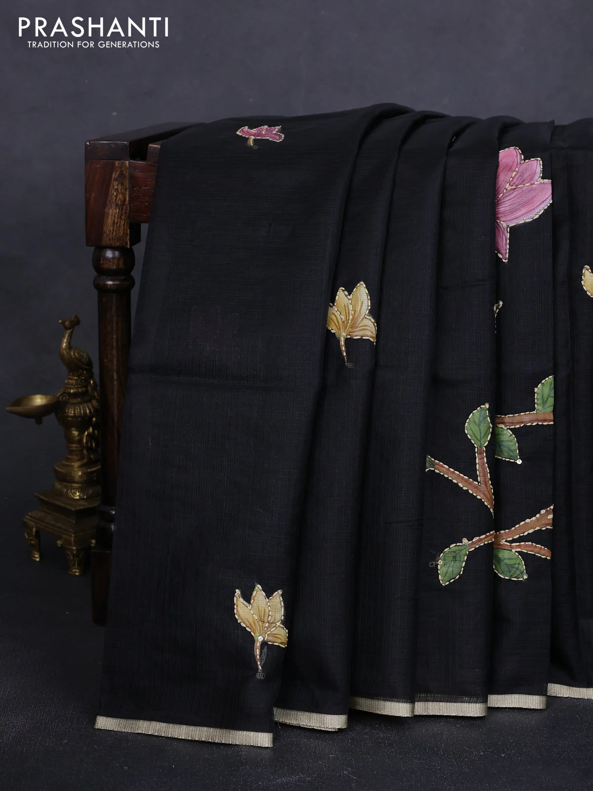 Kota saree black with hand prints & kantha stitch work and zari woven piping border - Image 2