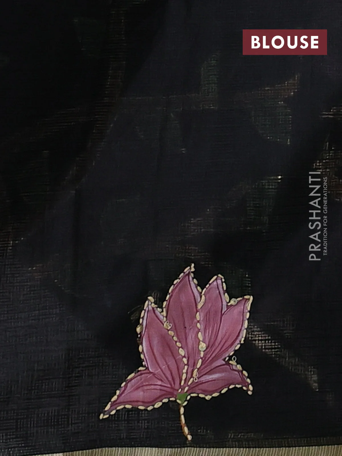 Kota saree black with hand prints & kantha stitch work and zari woven piping border - Image 3