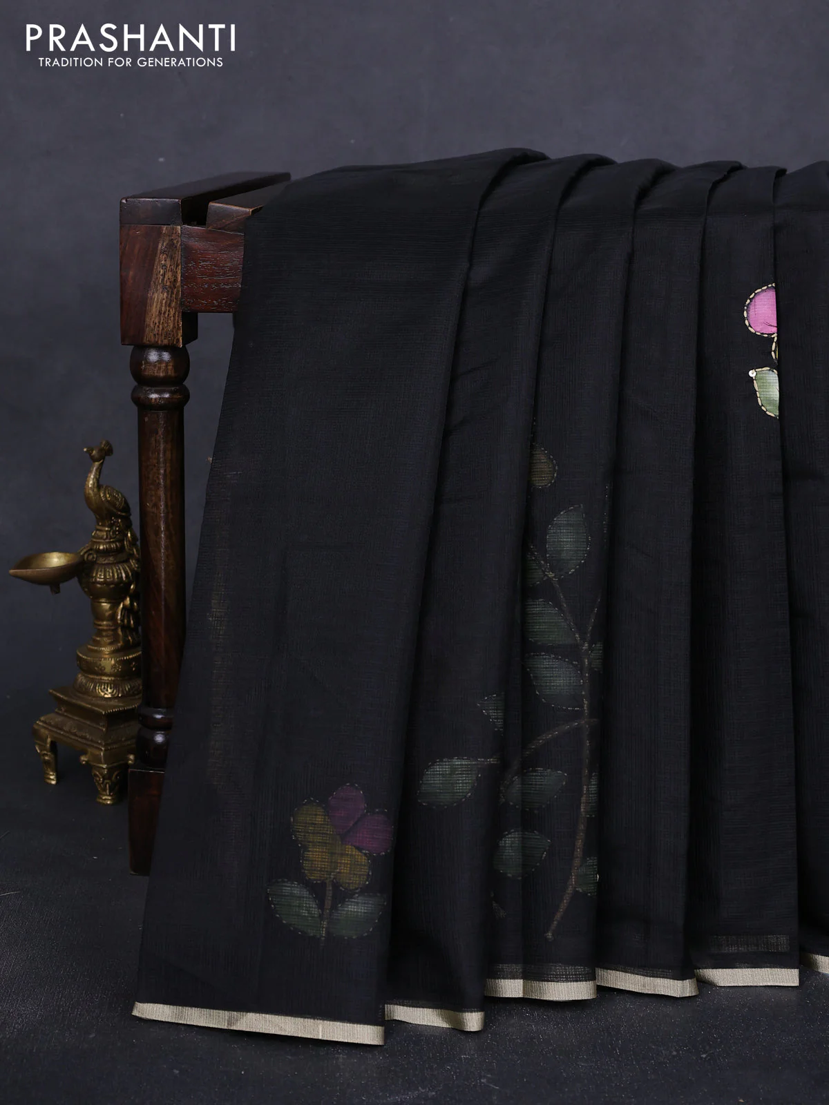 Kota saree black with hand prints & kantha stitch work and zari woven piping border - Image 2