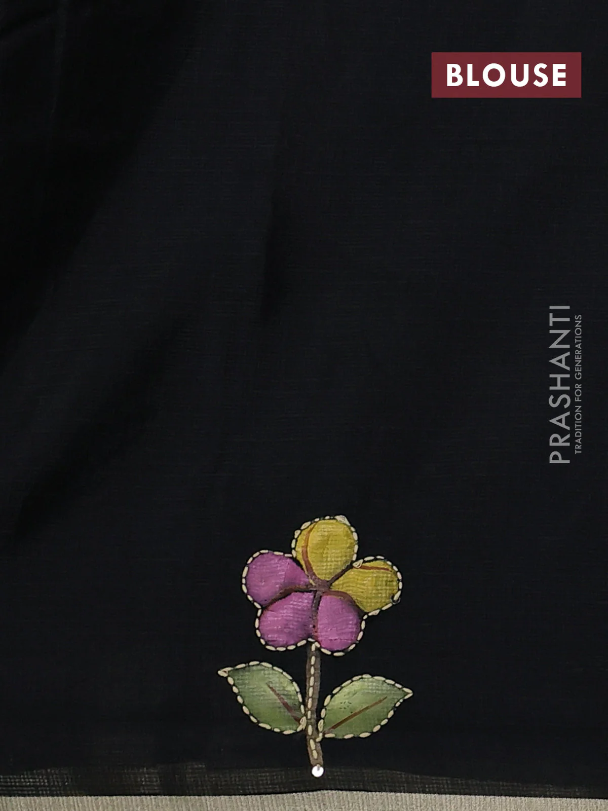 Kota saree black with hand prints & kantha stitch work and zari woven piping border - Image 3