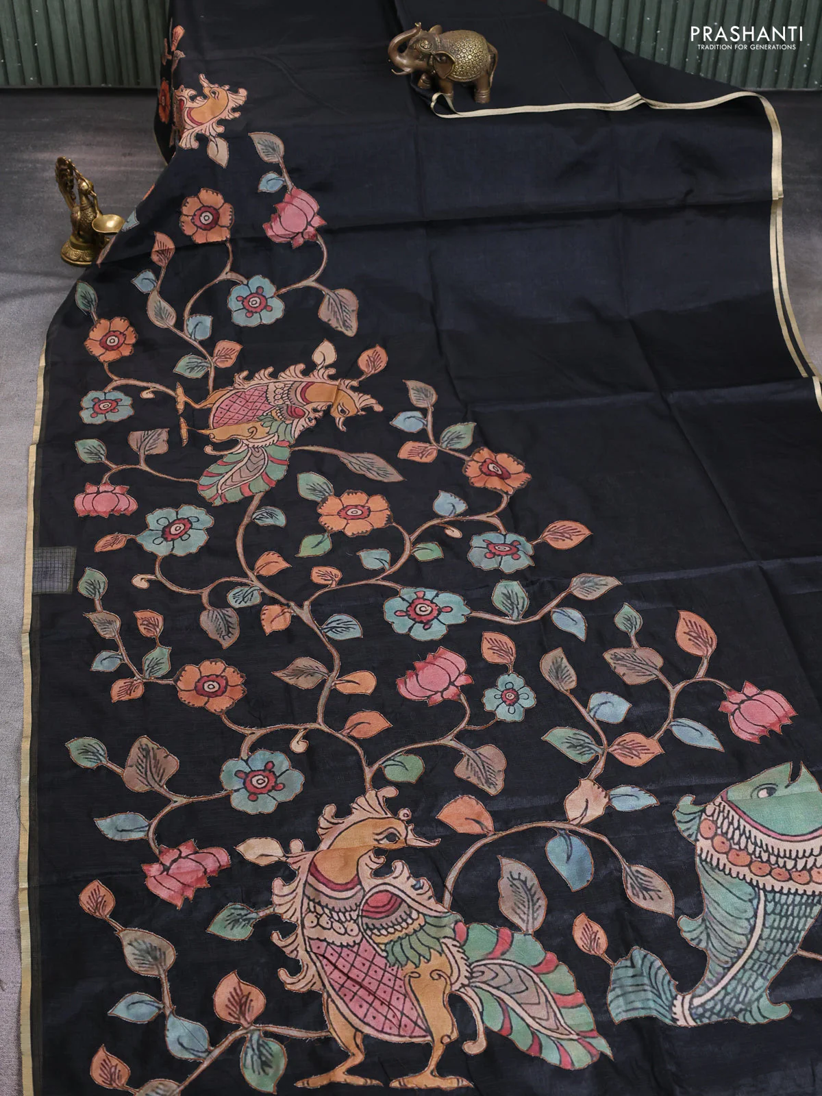 Kota saree black with kalamkari applique work and zari woven piping border
