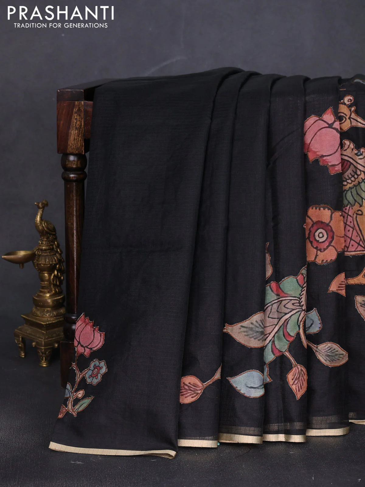 Kota saree black with kalamkari applique work and zari woven piping border - Image 2