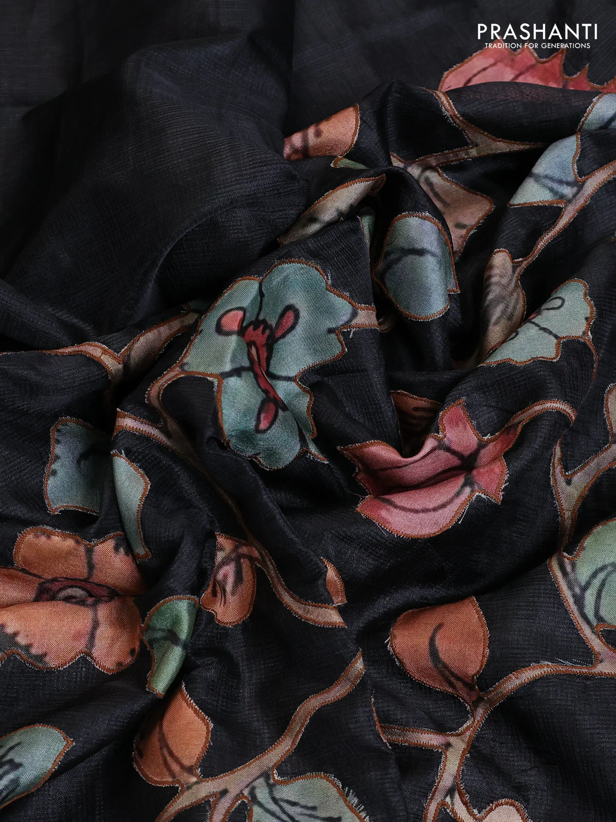 Kota saree black with kalamkari applique work and zari woven piping border - Image 3