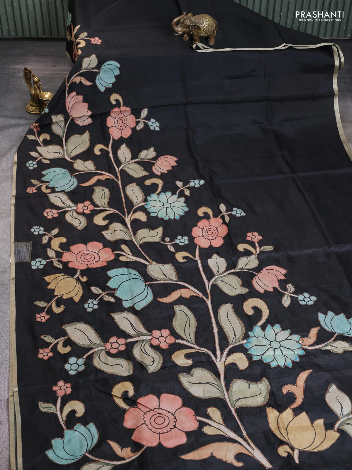 Kota saree black with kalamkari applique work and zari woven piping border