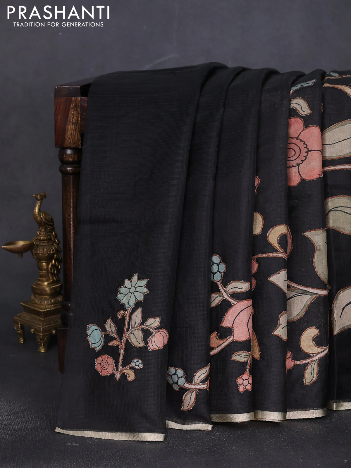 Kota saree black with kalamkari applique work and zari woven piping border - Image 2