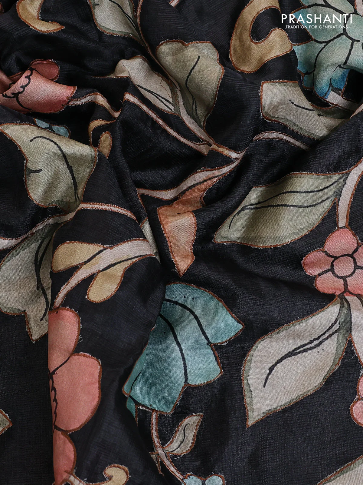 Kota saree black with kalamkari applique work and zari woven piping border - Image 3